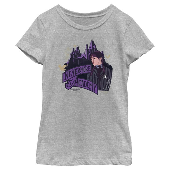 Girl's Wednesday Nevermore Academy Graphic Tee Athletic Heather Medium