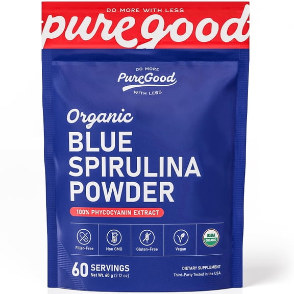 PureGood Organic Blue Spirulina Powder (Phycocyanin Extract) – No Fishy Smell, Vibrant Natural Color for Smoothies, Baking, Drinks – Vegan, Gluten-Free Superfood – 60 Servings
