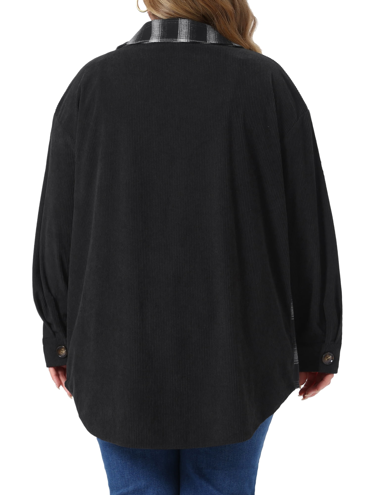DARING DIVA Women's Plus Corduroy Plaid Long Sleeve Shacket 1X Black