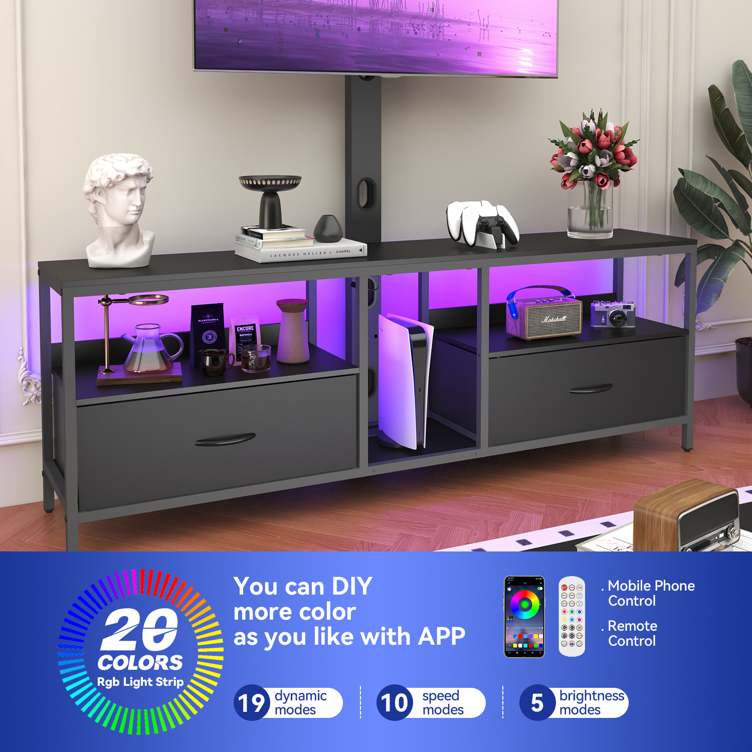 BEHOST TV Stand with Mount and Fabric Drawers for 65" TV photo 7