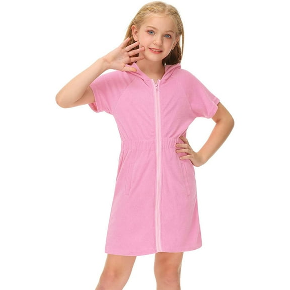 TOWED22 Girls Dresses Girl's Swimsuit Zip Up Terrys Cover Up Hooded Bathrobe With Pockets Short Sleeve Bathing Suit Beach Dress,Pink