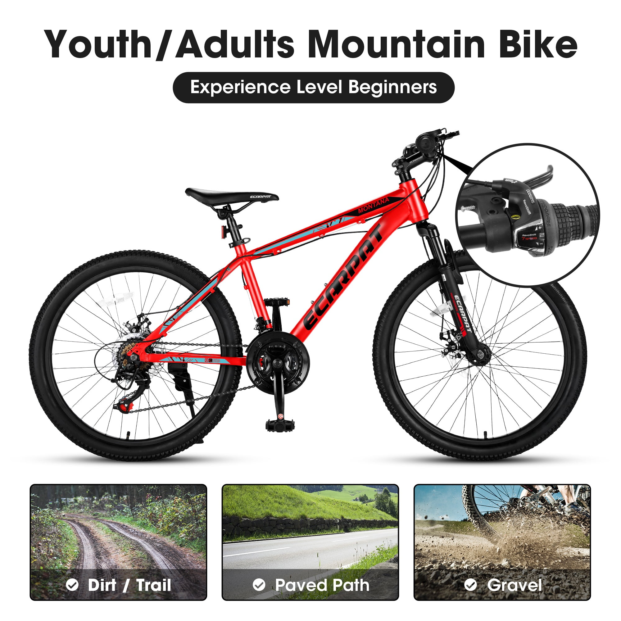 iYofe 24 inch Mountain Bike for Mens Womens, Shimano 21 Speed Bicycle with Dual Disc Brakes, Lightweight Bikes with Aluminium Frame, Fits Riders 4'92" - 5'4", Red