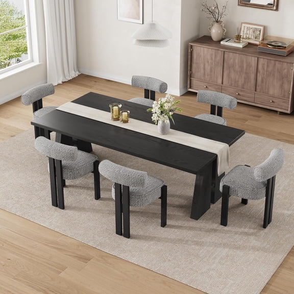 Upholstered Dining Chairs Set of 4,Modern Boucle Dining Room Chairs with Ergonomic Curved Back, Comfortable Kitchen Chairs with Rubber Wood Legs for Dining Room or Living Room,Black Set of 6