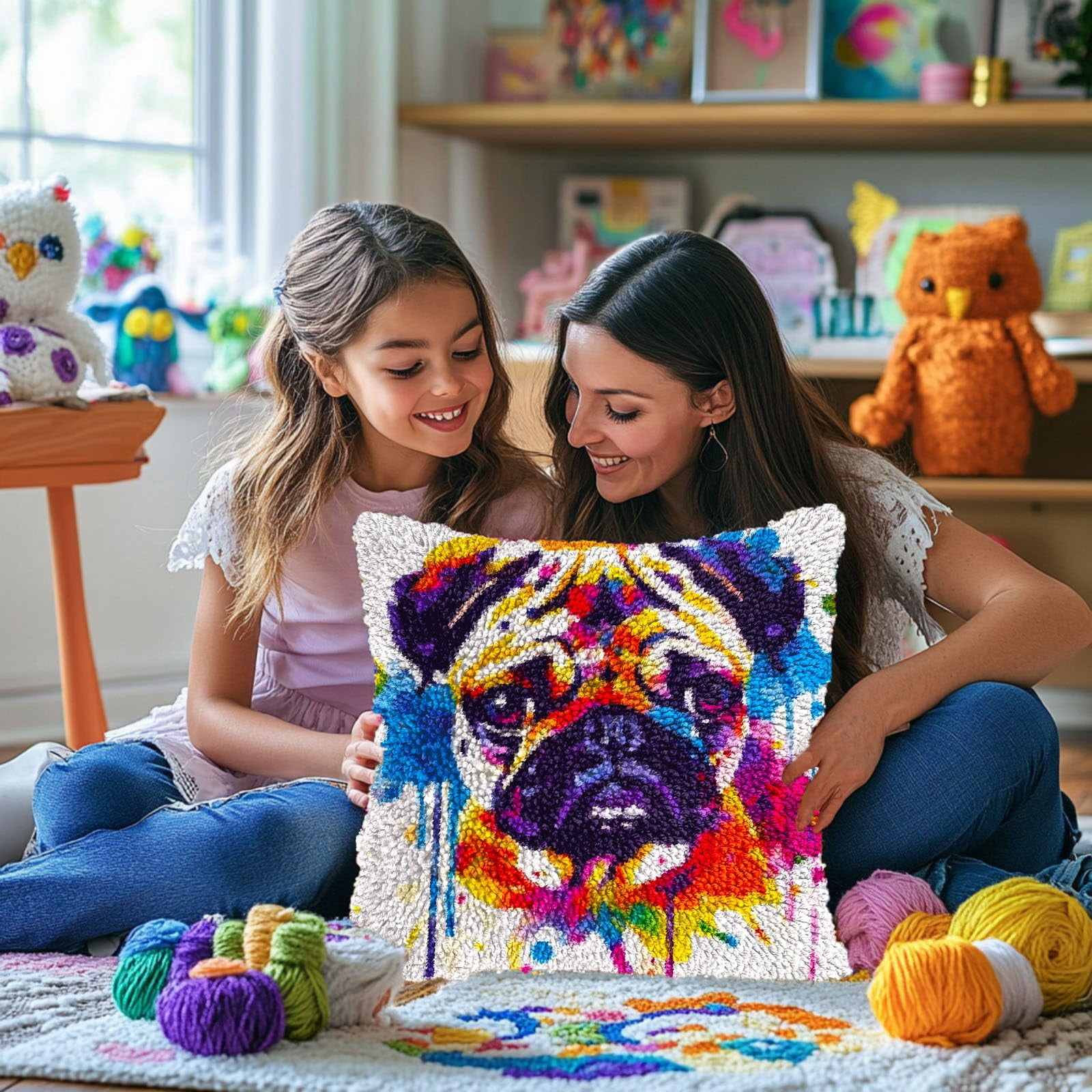 Watercolor Cute Pug Dog DIY Latch Hook Pillow Kits for Adults Printed Pillowcase Crochet Yarns Hooking Handmade Pillow Cover Cushion for Home Sofa Decoration 17x17inch(1)