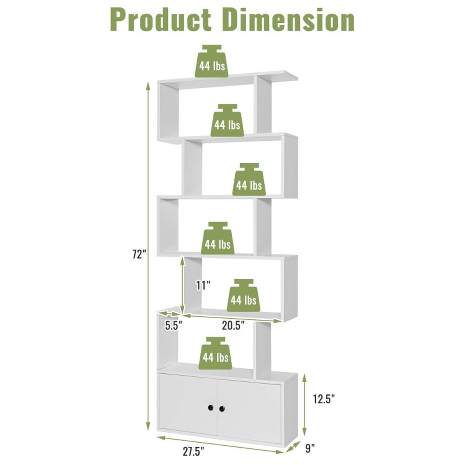 Furnibear 6-Tier S-Shaped Freestanding Bookshelf with 5 Open Shelves and Closed Cabinet Tall Wood Storage for Living Room and Office, White