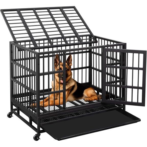JY QAQA 38 Inch Heavy Duty Indestructible Dog Crate Double Doors Escape Proof Cage Kennel,Enhanced Metal Pet Cage,Extra Large XL XXL Crate Indoor for Large Dog with Removable Tray and Lockable Wheels