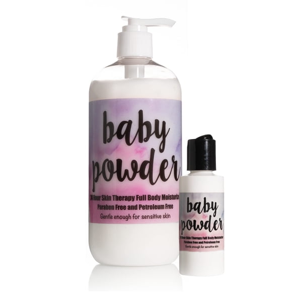 The Lotion Company Loción para terapia de la piel las 24 horas, fragancia en polvo para bebé, humectante para todo el cuerpo con aloe vera, sin parabenos, fabricado en EE. UU., botella de 16 oz + tama