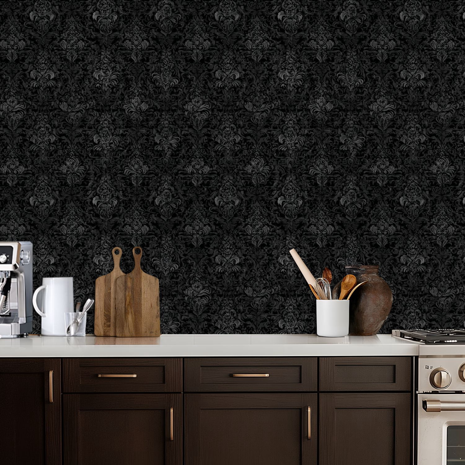 Vintage Peel and Stick Wallpaper 17.7in x 9.8ft Elegant Black Damask Ornate Floral Design Contact Paper Vinyl Waterproof Self Adhesive Wall Paper for Bedroom Shelf Cabinet Renter Friendly