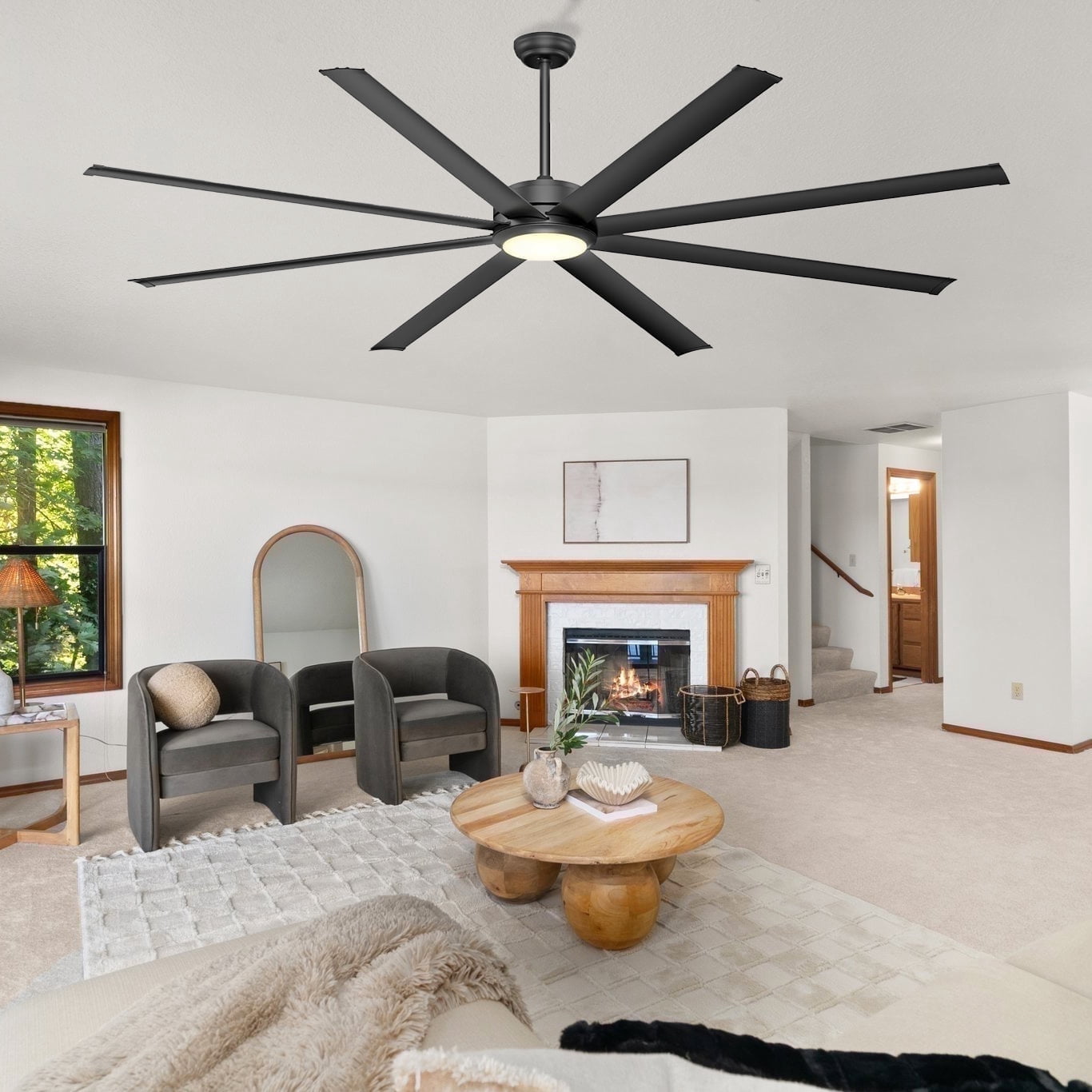 Ohniyou 84" Industrial Ceiling Fan with Lights and Remote 8 Aluminum Blades Large Dimmable Indoor Outdoor Ceiling Fan for Patio Living Room Shop Garage, Black