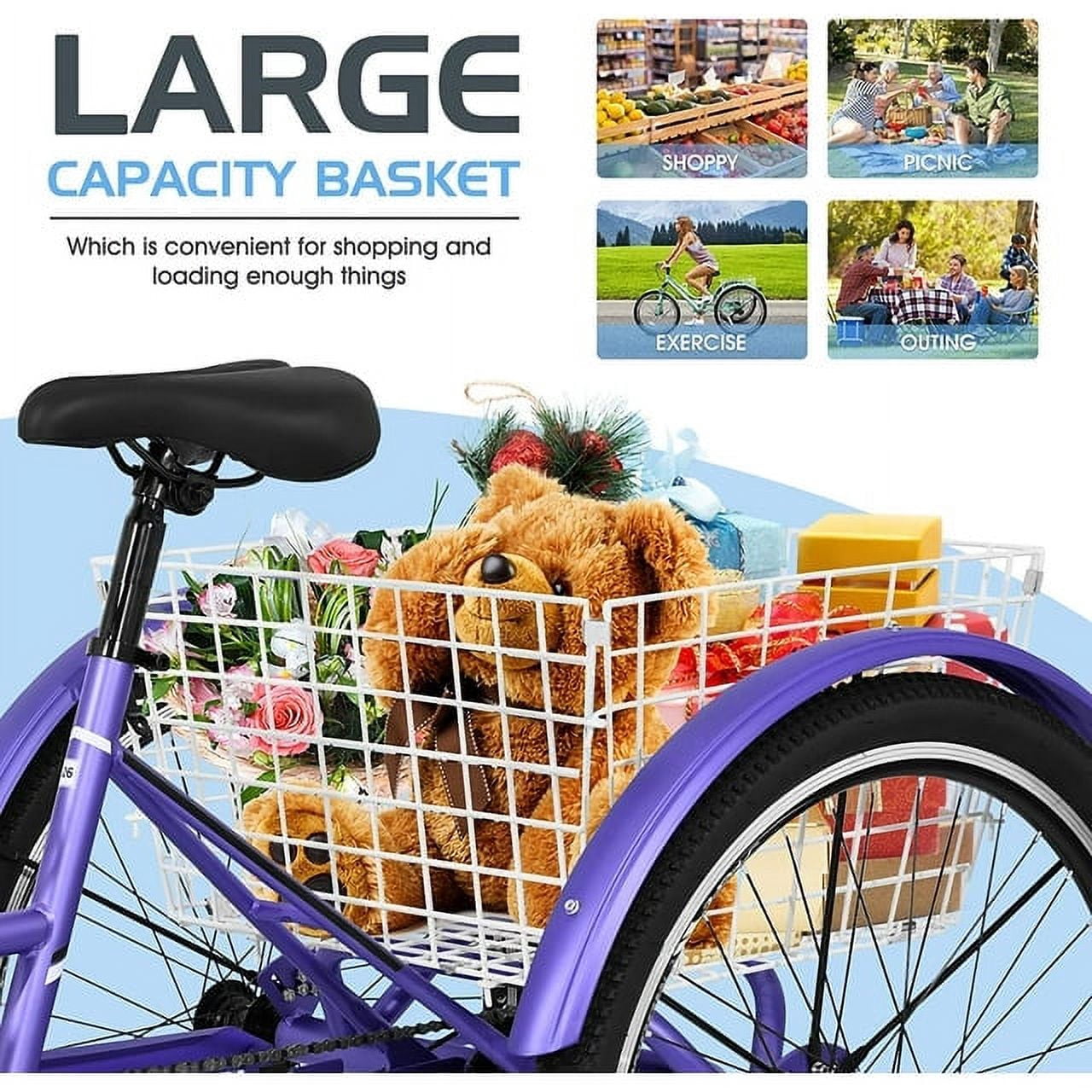 FICISOG 24" Adult Mountain Tricycle, 3 Wheeled 7-Speed Mountain Tricycle Cruiser Bike with Basket,Unisex