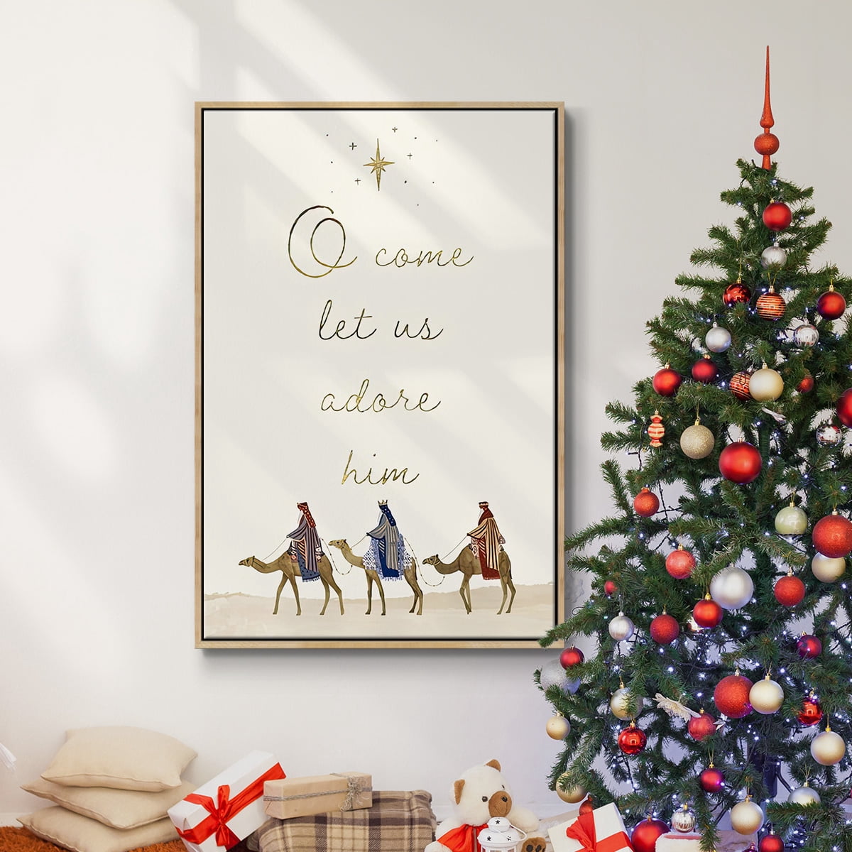 Away in a Manger Collection B - Framed Gallery Wrapped Holiday Canvas - 17 x 25 - Natural Wood Frame