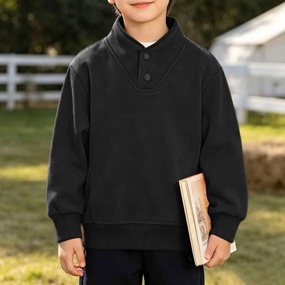 Boys Fashion Pullover Sweatshirt Solid Long Sleeves Stand-collar Sport Outwear for Home School Outside Fall Winter Warm Comfy Tops Black 7-8 Years