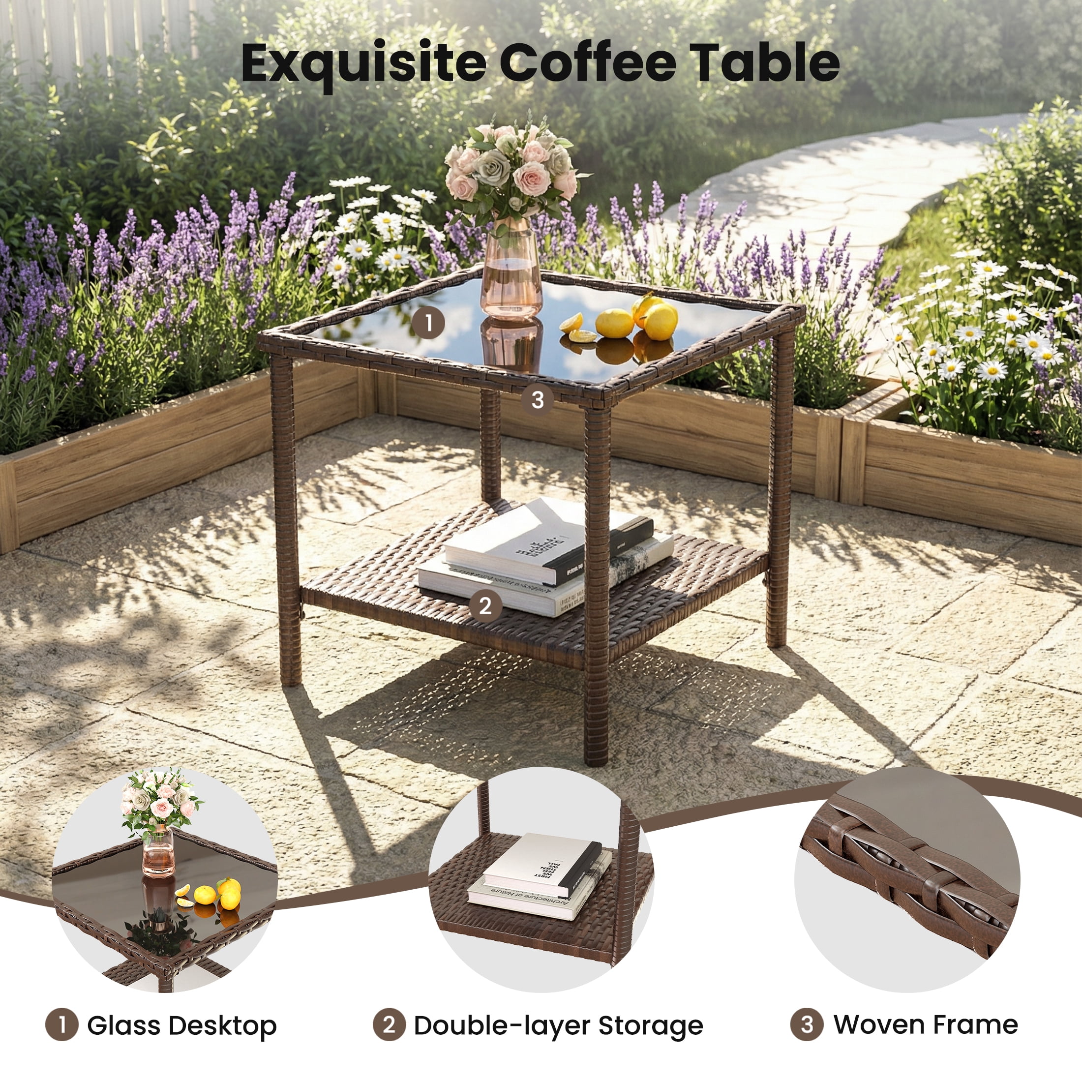 UDPATIO Balcony Furniture 5 Piece Patio Furniture Set, Outdoor Brown Wicker Chairs with Ottoman, Grey