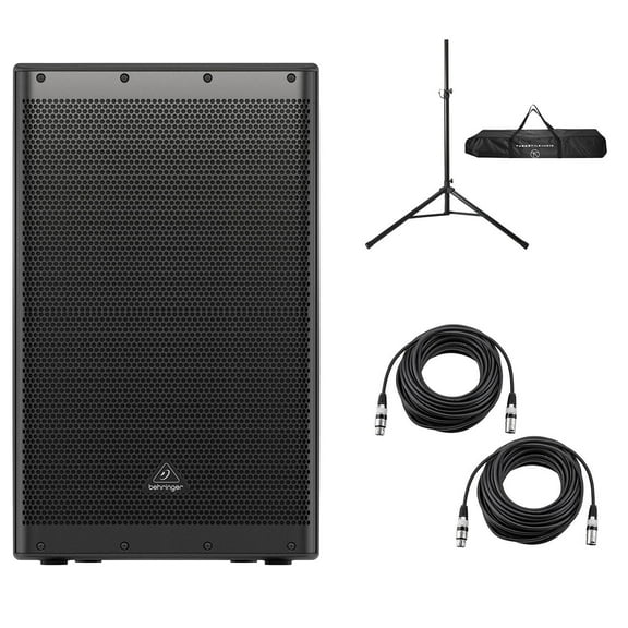 Behringer DR115DSP 15" 1400W Powered PA Speaker System with DSP and 2-Channel Mixer, Bundle with Speaker Stand and 2x 25' XLR Microphone Cable