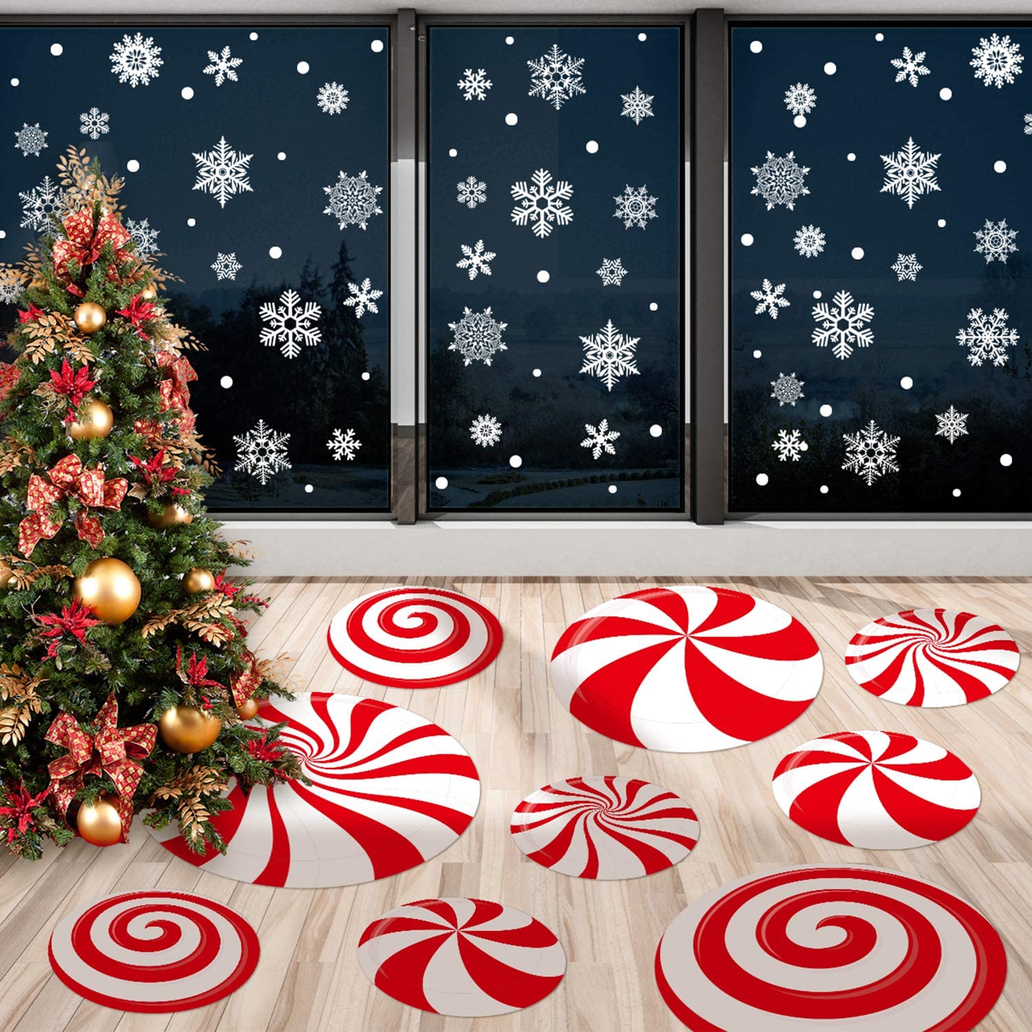 ToyX 108 Pcs Christmas Candy Stickers Decorations Peppermint Floor Decals  Stickers 12 Pcs Large Self-Adhesive Wall Candy Decals and 96 Pcs Snowflake  ...