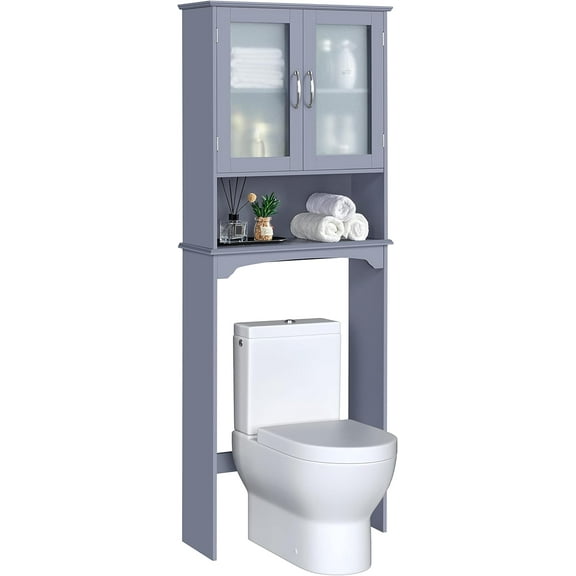 OWNEN Over The Toilet Storage Cabinet, Free Standing Toilet Rack with Adjustable Shelves and Tempered Glass Doors for Bathroom Washroom, Grey