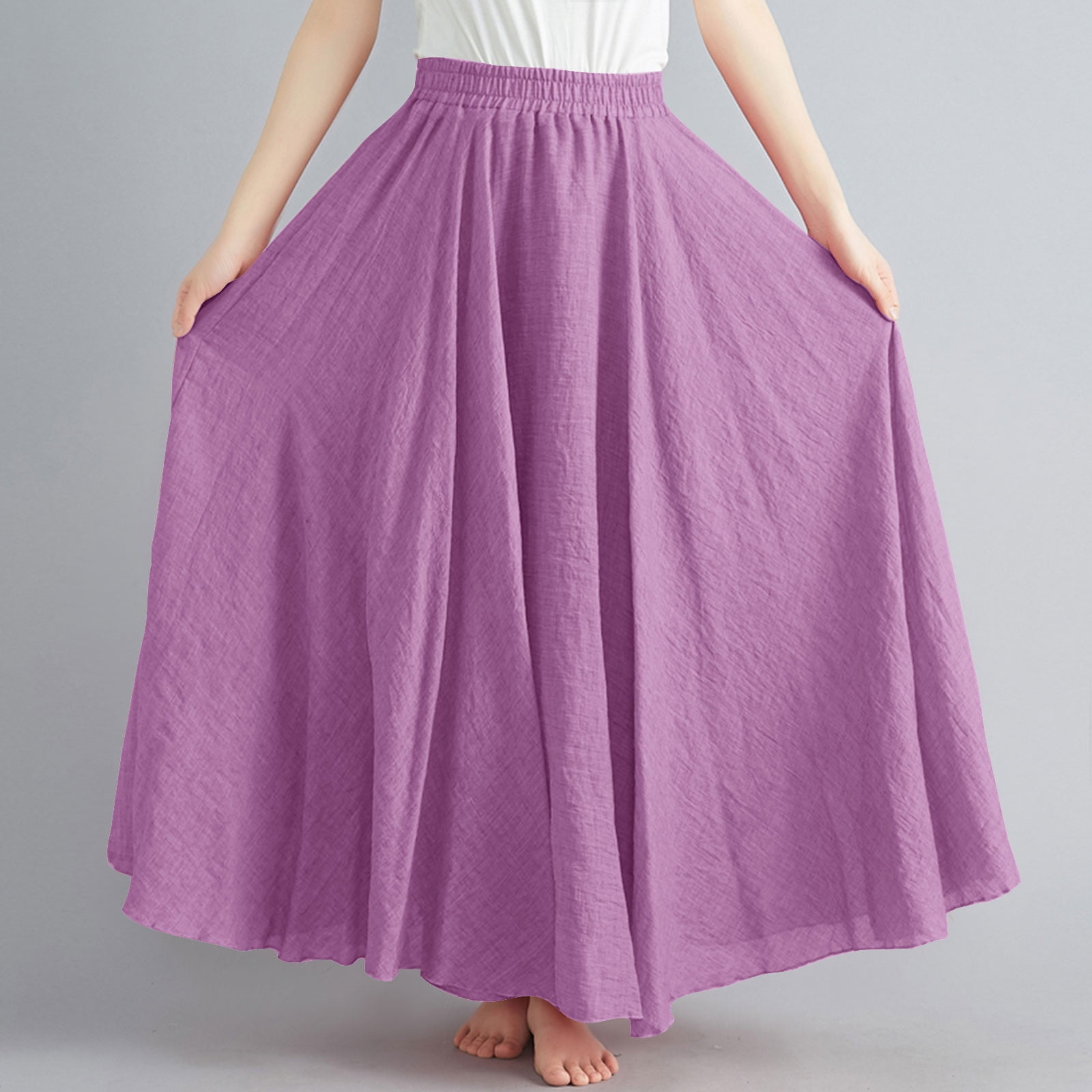 Cavosen Athletic Skirts for Women Long Maxi Ankle Length Skirts Linen Pleated Pencil Skirts Elastic Waist Plain Summer Skirts Oversized Dress Beachwear Casual Resortwear Purple
