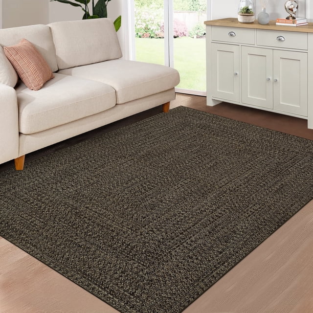 GlowSol 8' x 10' Area Rug Modern Braided Print Rugs for Living Room Bedroom Non-Slip Low Pile Accent Rug Washable Floor Cover, Black Brown