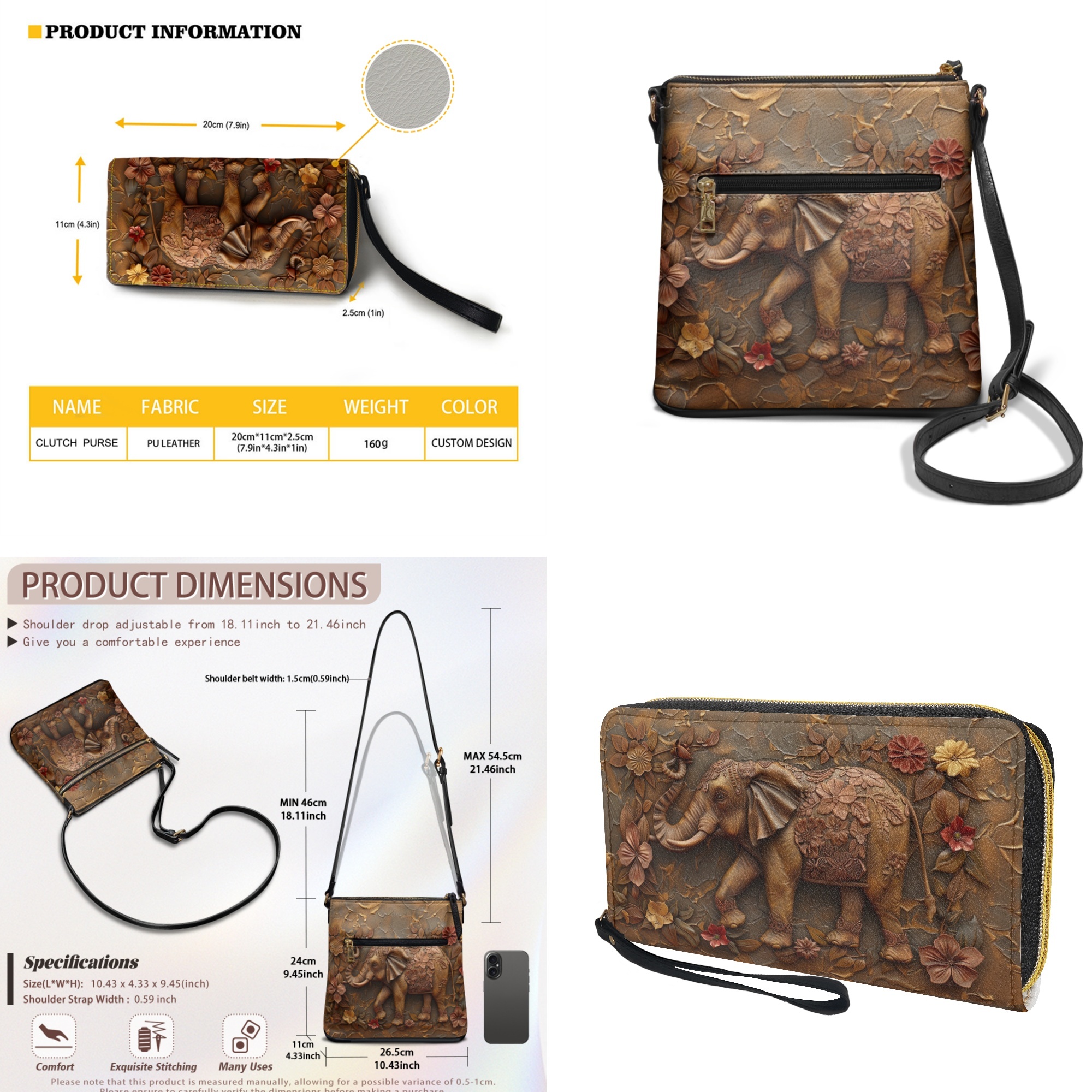 ZUXONGSY Elephant Flower Print PU Leather Crossbody Hobo Bag and Wallet Set for Women, Adjustable Strap, Perfect for Travel, Work & Shopping