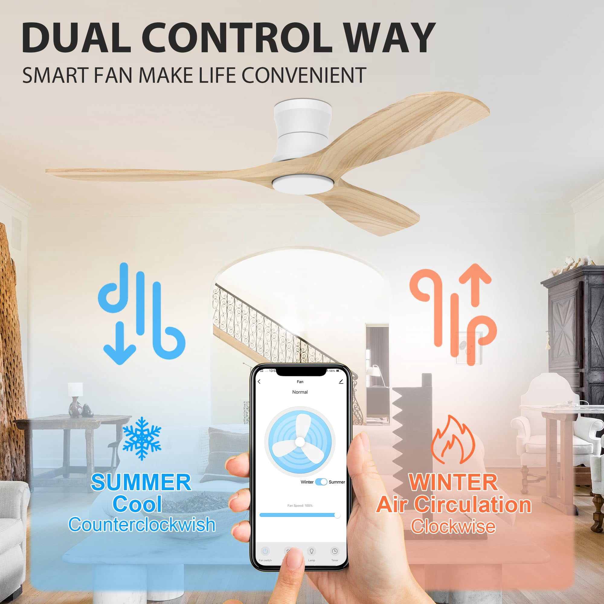 Smart 52" Wood Flush Mount Ceiling Fans with Lights and Remote,Quiet DC Motor,Outdoor Indoor Ultra Low Profile Ceiling Fan works with Alexa WIFI APP,Modern White Ceiling Fan for Bedroom Patio