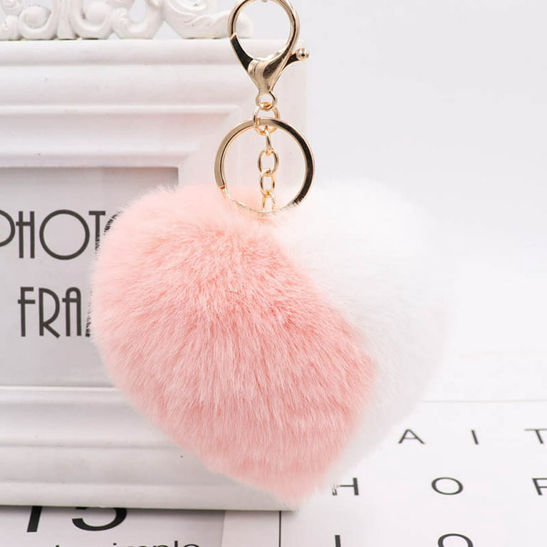 Faux Fur Pink Pom Pom Keychain With Heart 
