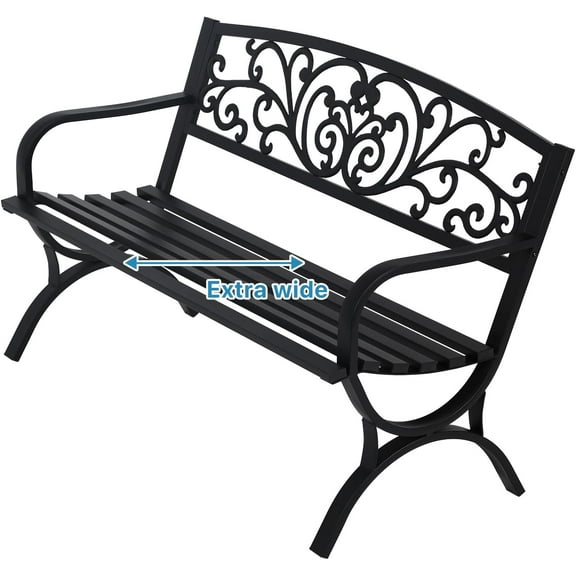 WYDK Outdoor Benches Memorial 50" Extra Wide Patio Park Metal Waterproof Garden Bench with Armrests Arched Legs Floral Backrest for Outside Porch Backyard Park,Black,50"X20.9"X33"