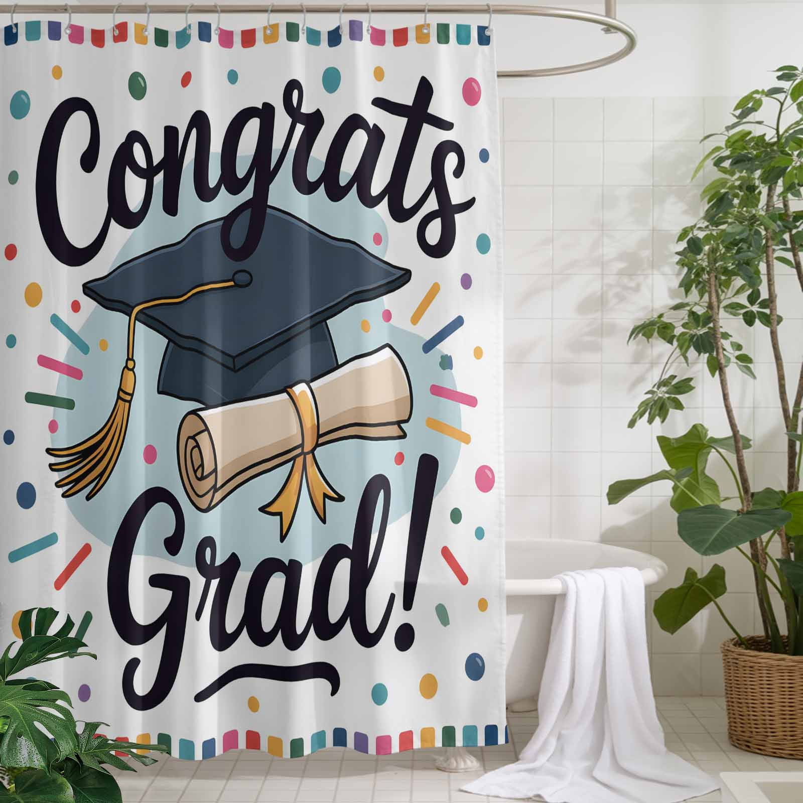 Xipuska Black Blue Graduation Hat Shower Curtain - Water Repellent Fabric Shower Curtains Washable, Funny Words Decorative Polyester Cloth Bathroom Curtains Modern Bath Decor 72"x78"