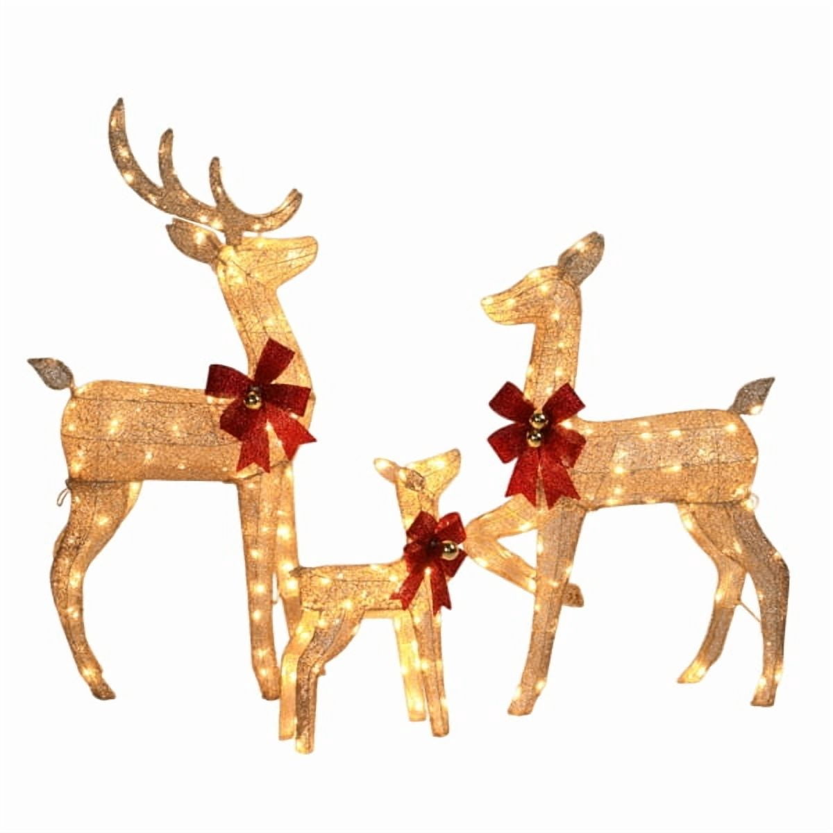 3-Piece Champagne Family Elk Christmas Decoration - 210 Built-In Light Strings, Easy Installation w/Ground Spikes, Indoor/Outdoor Holiday Decor