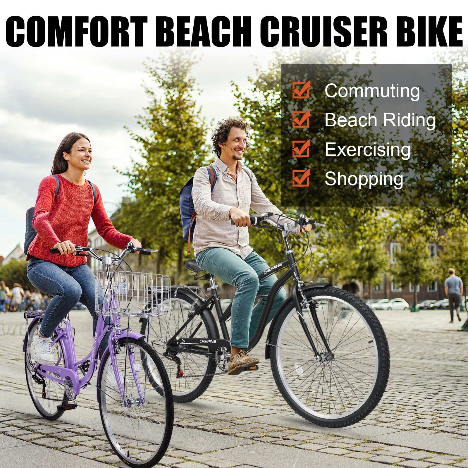 Ktaxon 26" Womens Bike, 7 Speed Beach Cruiser Bike for Adults Women with Basket & Rack, Step Through City Bikes, Purple