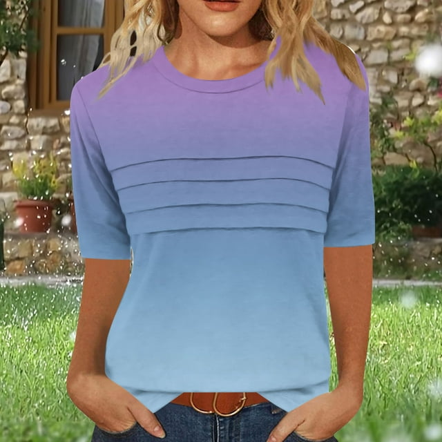 mfyjkho Tops Y Blusas Para Mujer, Camiseta De Moda Para Mujer Con Cuello Redondo Arrugado, Manga 3/4, Corte Holgado Y Mangas Cortas Tops De Gimnasio Para Mujer M