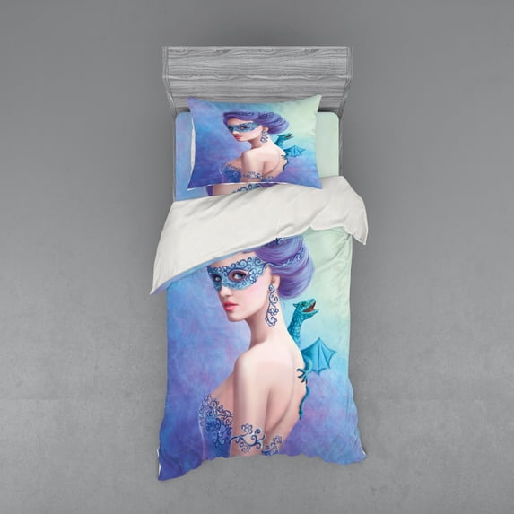 Ambesonne Winter Bedding Set 3 Pcs, Fantasy Snow Queen, Twin XL, Violet Blue Pale Green