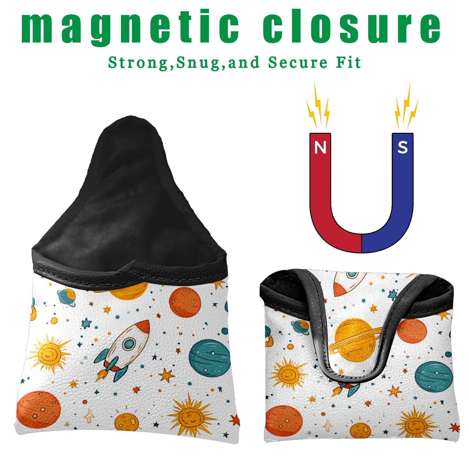 Golf Mallet Putter Cover Premium Leather Waterproof Golf Putter Head Cover with Magnetic Closure Spaceship Sun