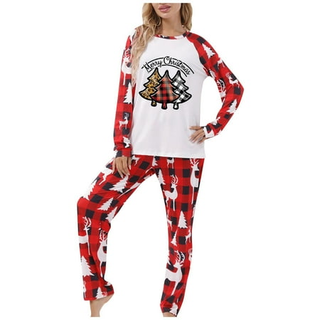 

JUNBYONE Merry T-shirt Long Sleeve Raglan Shirt Plaid Truck Tree Pattern Pajamas Pajamas Parent Child Package