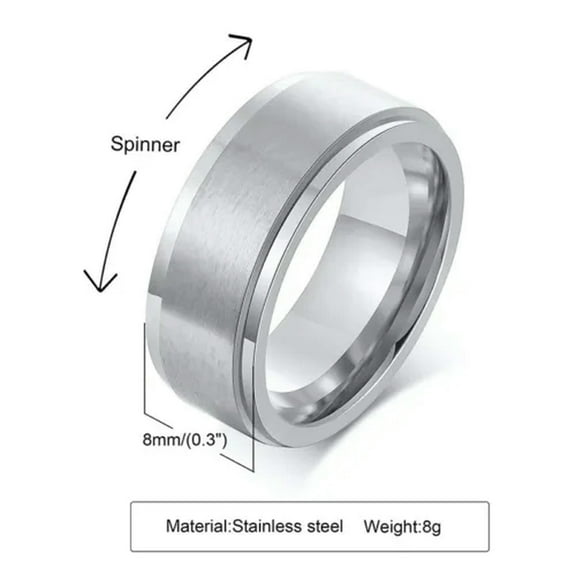 Silver/Black/Gold Brushed Spinner Band 8MM Male's Stainless Steel Ring Size 7-13