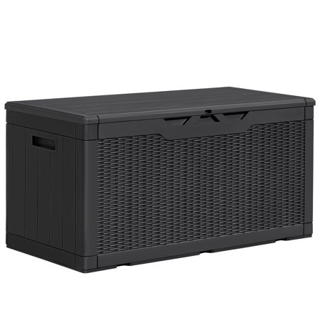 "Declutter Your Outdoor Space with our Large 100 Gallon Resin Deck Box - Safely Store Garden Tools, Patio Furniture Cushions, Pool Supplies, and More!"