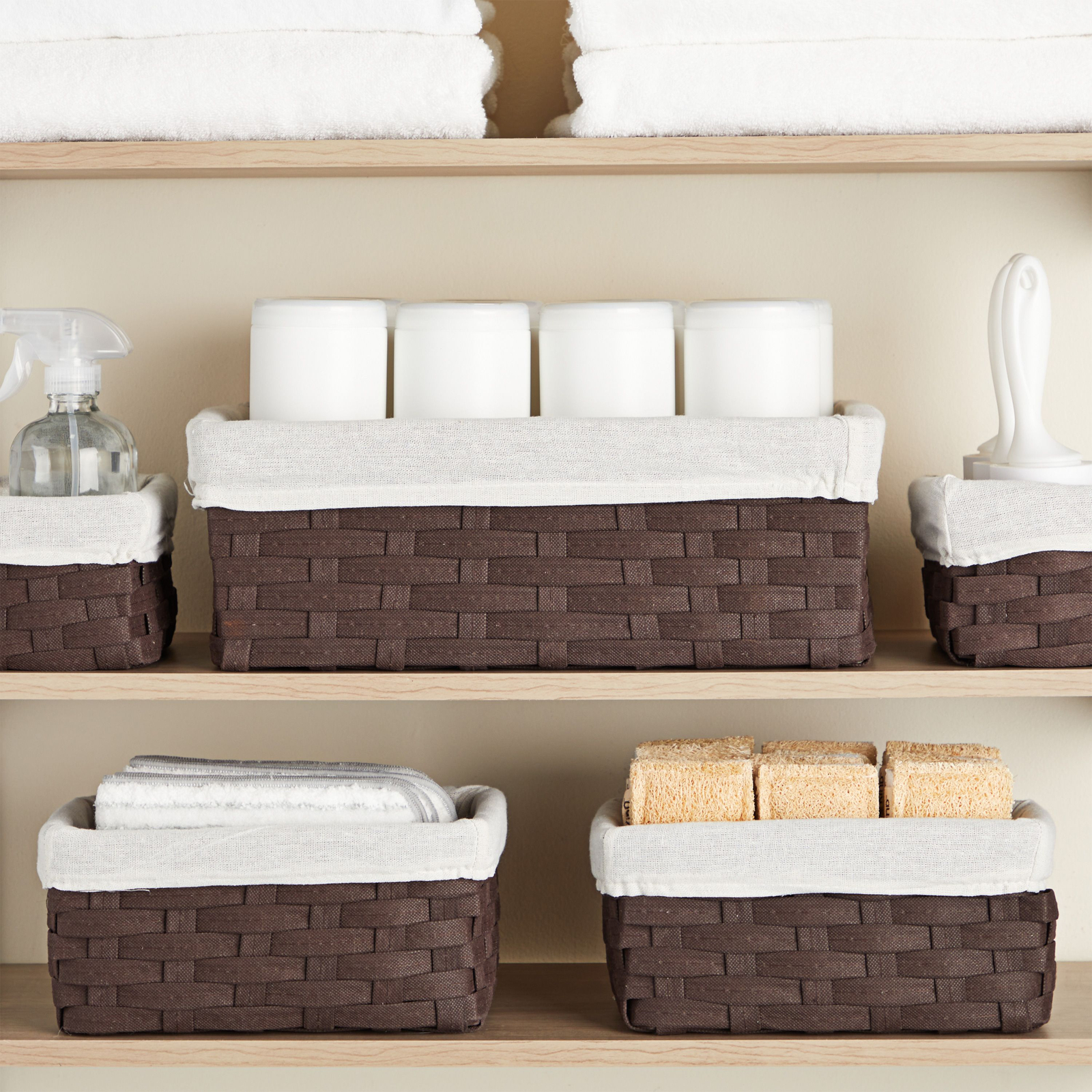 5 Pack Wicker Nesting Baskets with Cloth Lining for Pantry Shelves, Rectangular Storage Bins for Organizing Closet (Brown, 3 Sizes) - image 2 of 10