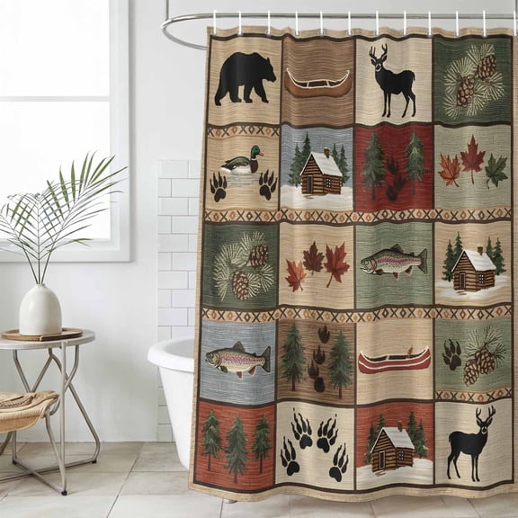 Bathroom Shower Curtain Vintage Bear Forest Deer Fish Village Waterproof Shower Curtains with Hooks, Retro Wildlife Themes Bath Curtains Bathtub Curtain Home Decor 36x72in