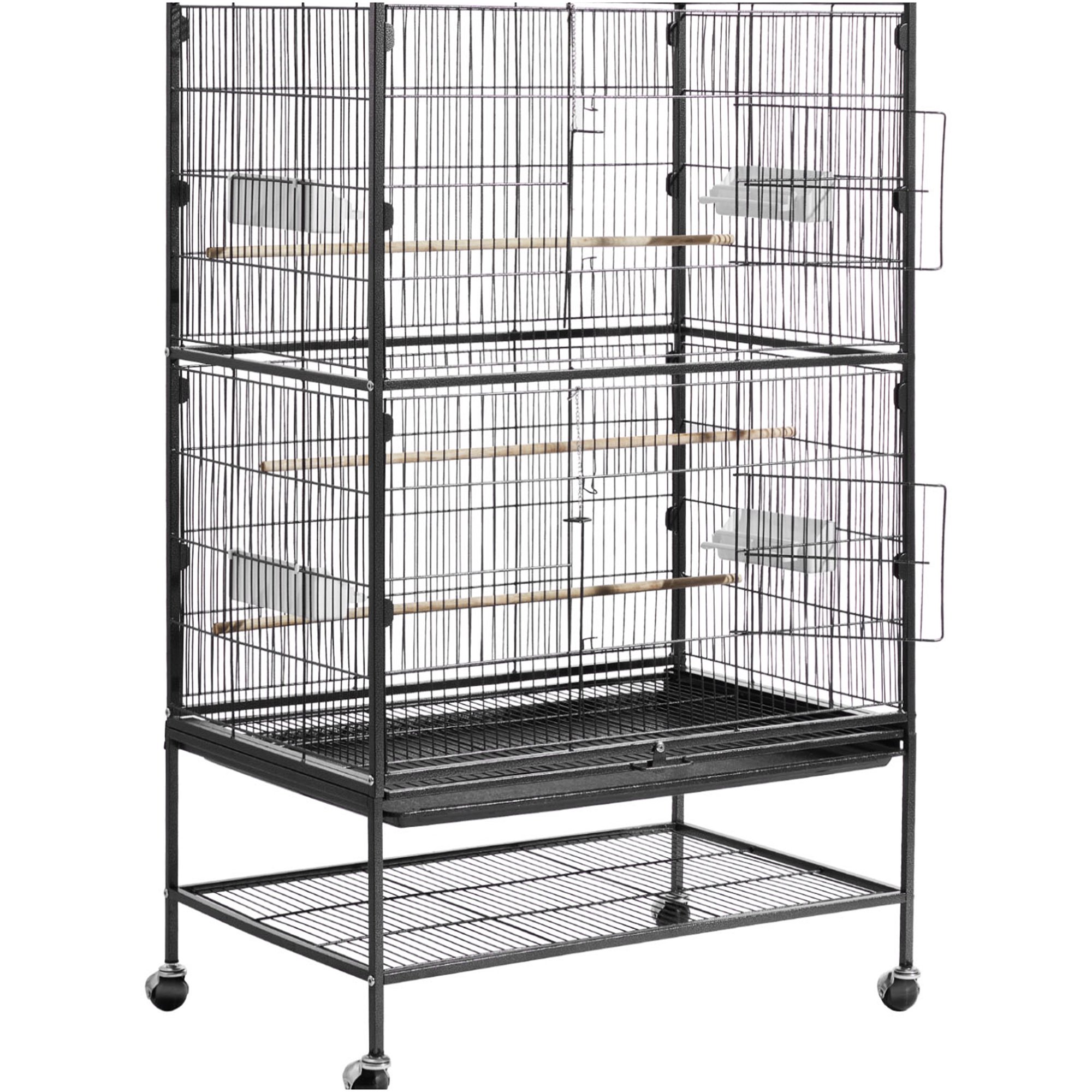JERFIT Wrought Iron Bird Cage for Parrot Cockatiel Conure Budgie, Black Flight Aviary with Perches Feeders and Rolling Casters for Indoor Outdoor Pet Supplies