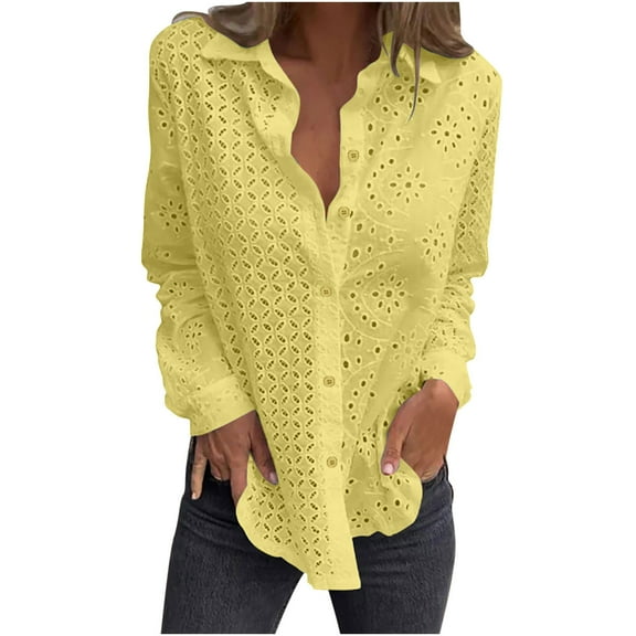 ibuvkizy Long Sleeve Shirts for Women Casual Button Down Shirts,Women's Fashionable Loose Solid Color Hollow Button Short Sleeved Round Neck Top/shirt,Gifts for Women