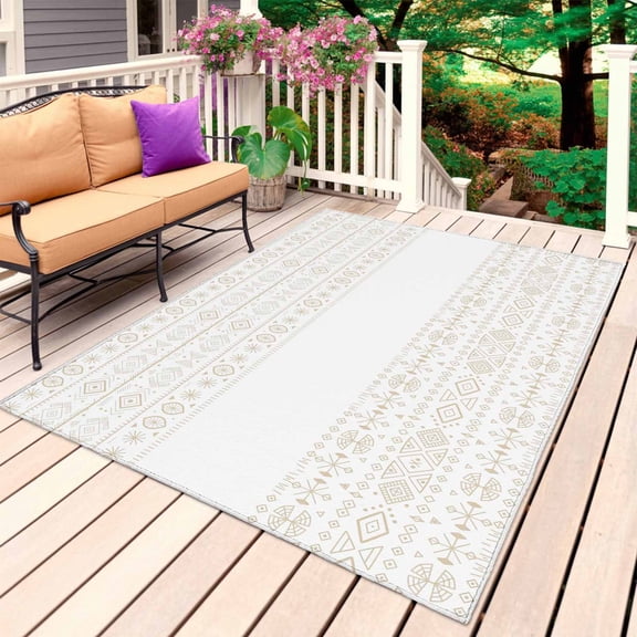 Beige White Boho Outdoor Rug for Patio/Deck/Porch, Non-Slip Large Area Rug 4 x 6 Ft, Vintage Ethnic Tribe Abstract Art Indoor Outdoor Rugs Washable Area Rugs, Reversible Camping Rug Carpet Runner