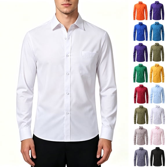 ClodeEU Men’s Classic Long Sleeve Button Down Dress Shirt, Stretch Solid Collar Dress Shirt with Pocket,Big and Tall ,Size S-2XL