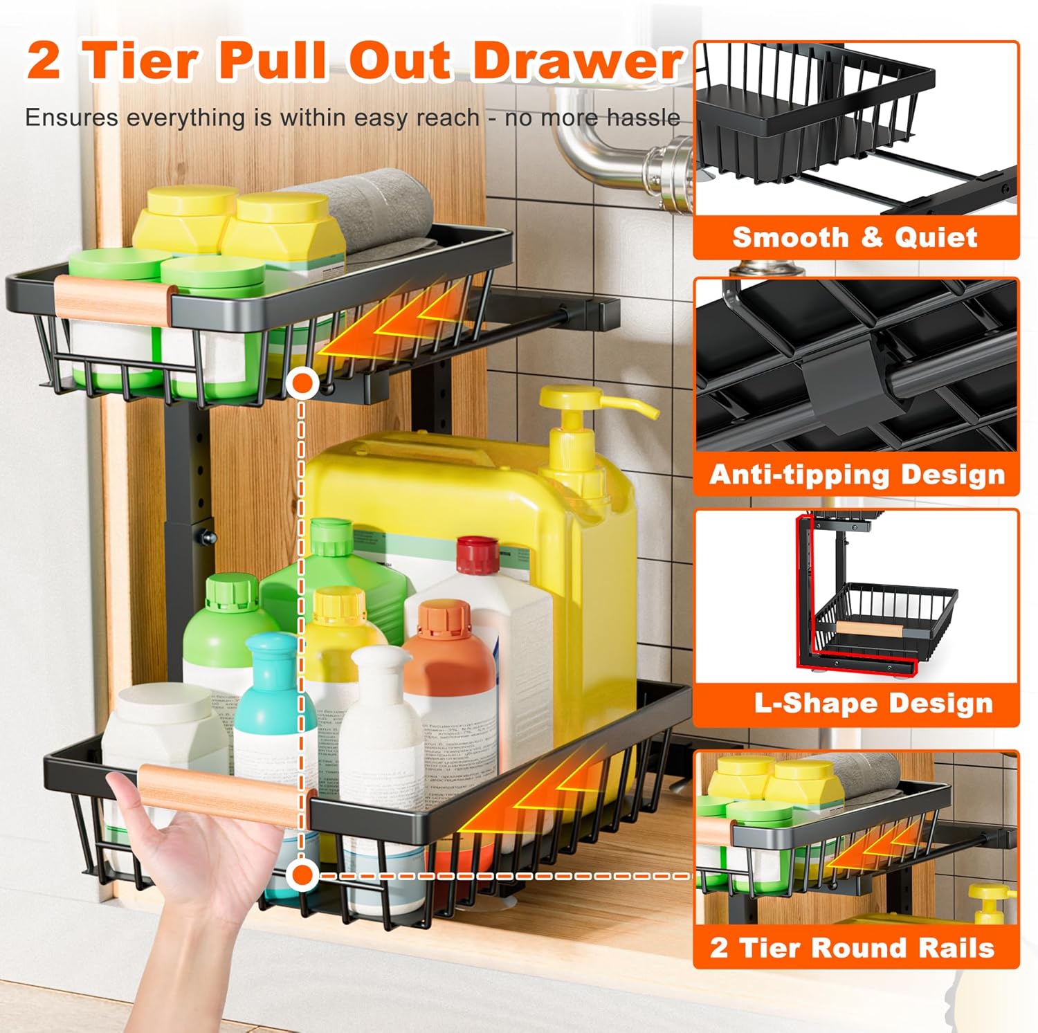 Under Sink Organizer, 2 Packs 2 Tier Under Sink Organizers and Storage, Slide Out Pull Out Cabinet Organizer Shelf, Metal Sliding Drawer for Kitchen Bathroom Pantry Cabinet Closet Organization Rack
