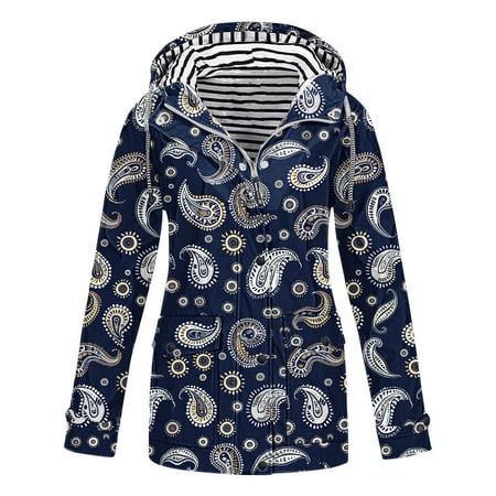50% OFF Deals JSGEK Women s Raincoat Waterproof Hooded Jacket Long Sleeve Lightweight Windbreaker with Pockets Paisley Print Outerwear Multicolor M