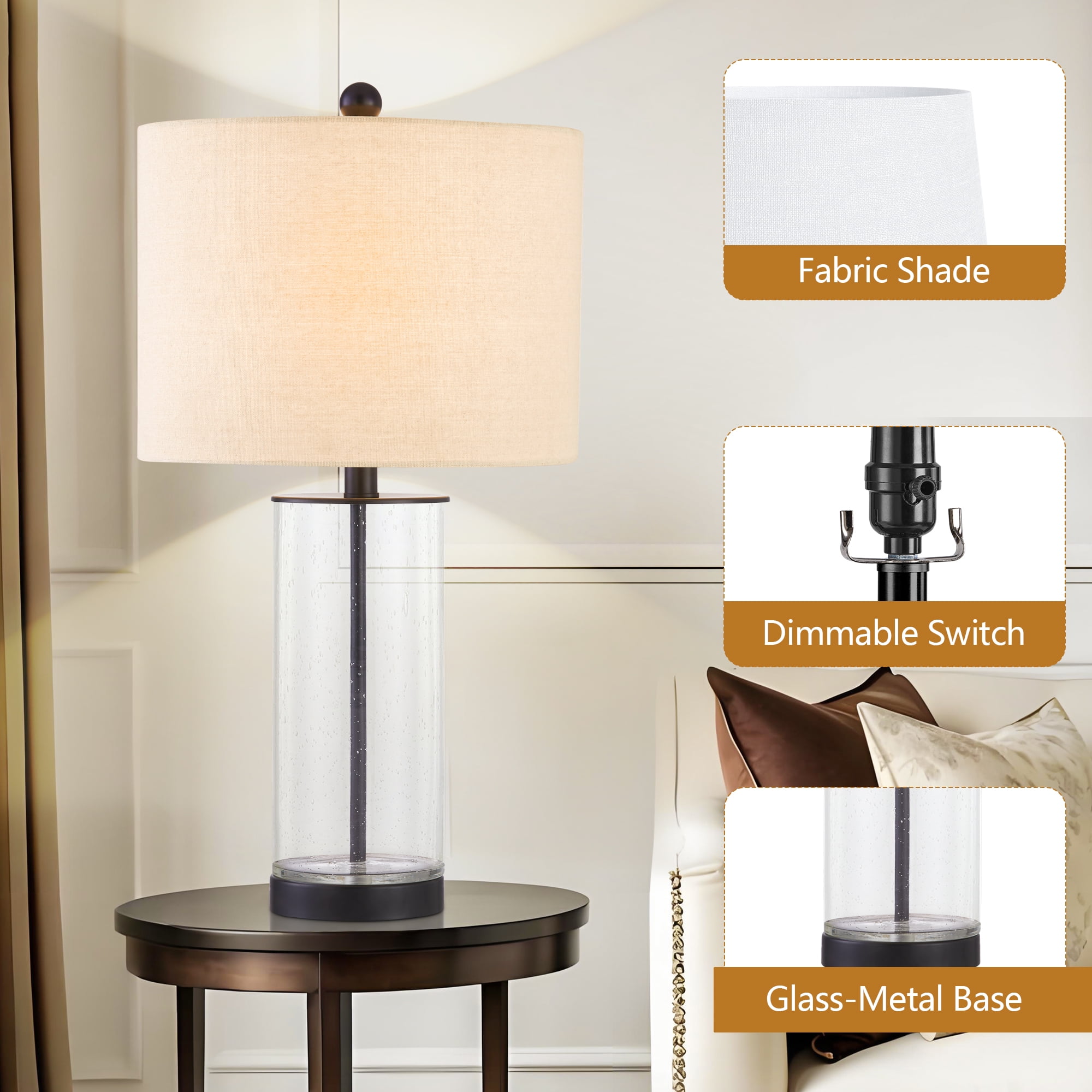 Maxax 23.75" Glass Table Lamps Set of 2, 3-Way Dimmable Black Nightstand Lamps for Living Room Bedroom