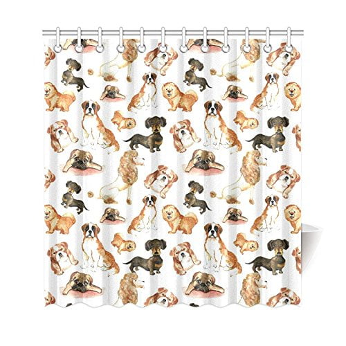 RYLABLUE Dogs Group Hand Drawing Watercolor Shower Curtain, Bernard Dog dachshund Poodle Pug Polyester Fabric Shower Curtain Bathroom Sets 66x72 Inches