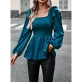 thumbnail image 3 of Wassery Womens Smocked Tops Long Sleeve Square Neck Pleated T-Shirts Slim Fit Blouses Fall Solid Color Dressy Tops, 3 of 8