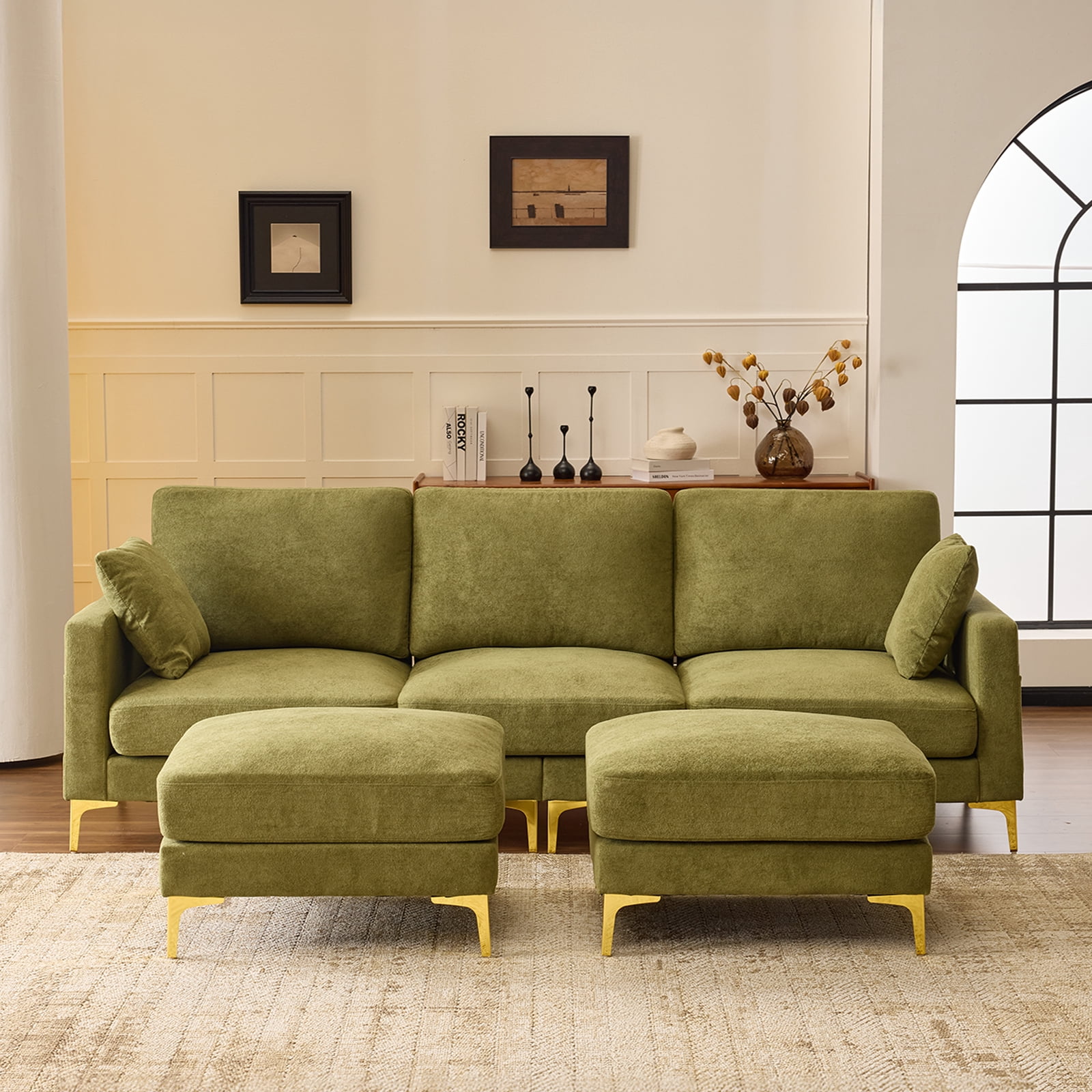 Ktaxon U-Shaped Sofa with 2 Removeable Ottoman Footrests, Flannel Deep Seating Couch for 3, Converts to Sleeper for Bedroom Living Room Furniture Green