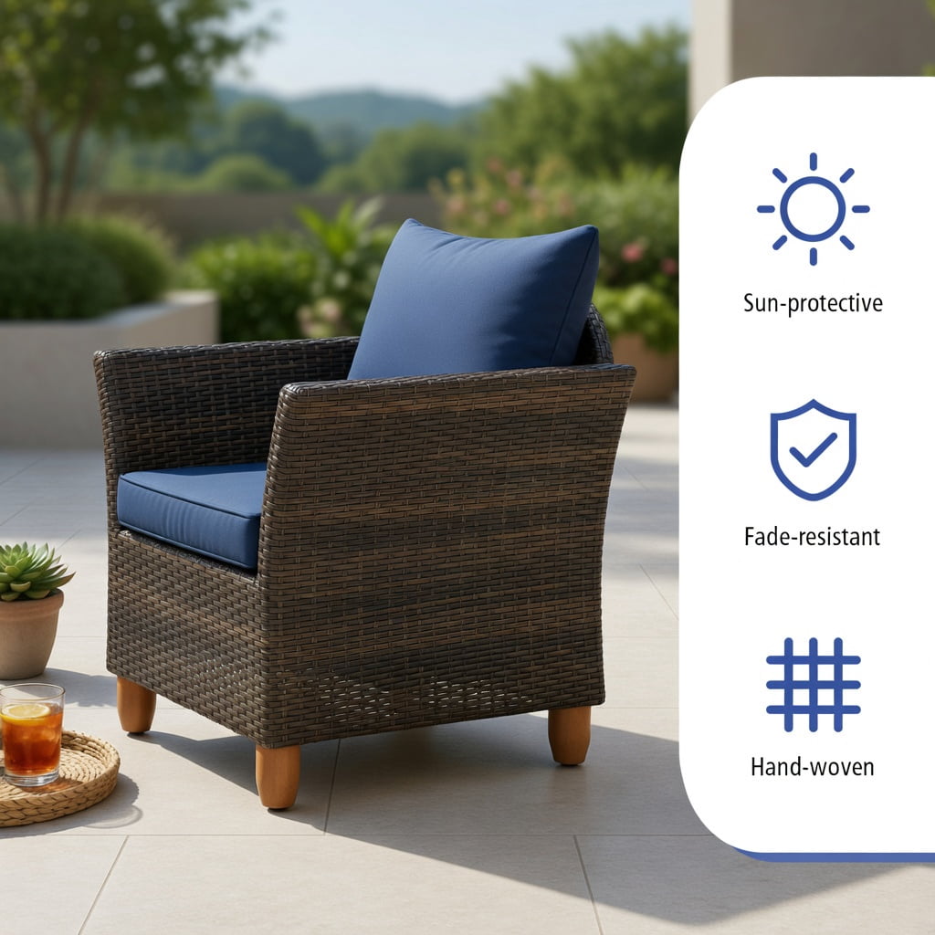 Hommoo 3-Piece Outdoor PE Wicker Patio Furniture Set with Navy Cushions, Acacia Wood Storage Coffee Table & Heavy-Duty Metal Frame, Navy