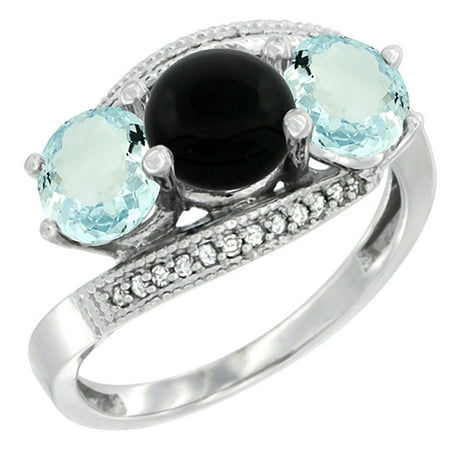 Round Natural Onyx - 10K White Gold Natural Black Onyx & Aquamarine Sides 3 stone Ring Round 6mm Diamond Accent, sizes 5 - 10