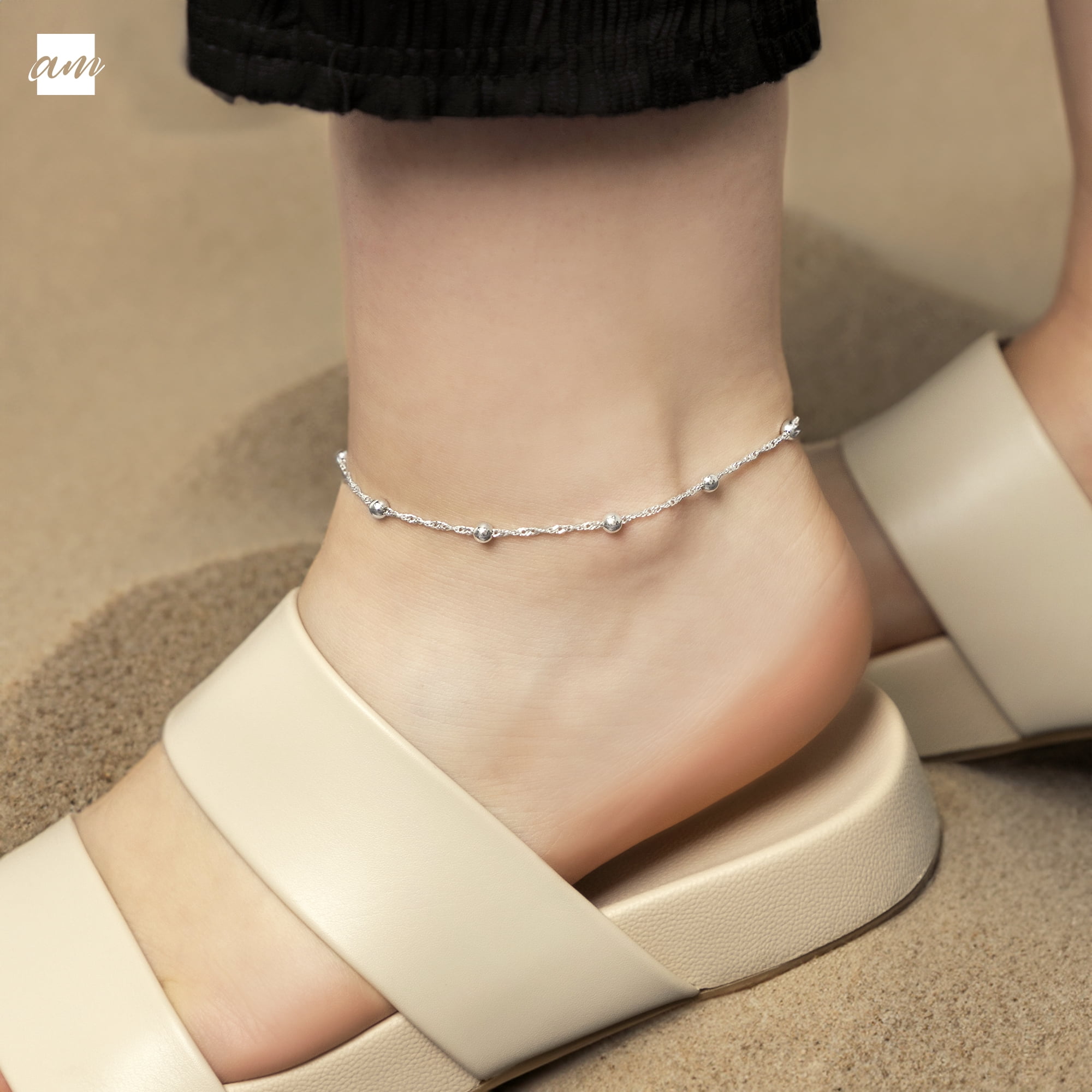 Amberta 925 Fine Sterling Silver 1.4 mm Adjustable Anklet - Singapore Chain with 4 mm Ball Beads Ankle Bracelet - 9" to 10" inch - Flexible Fit